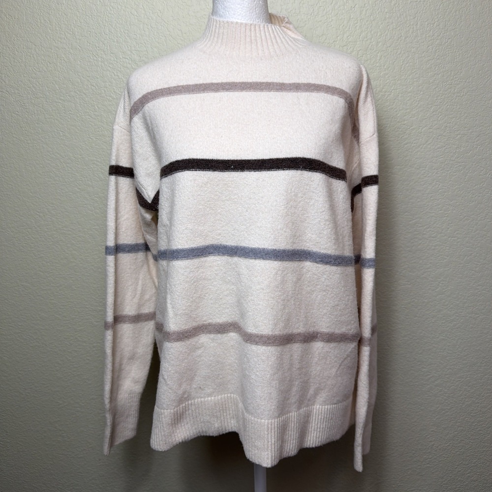 Chicos Sweater 1 M Womens Cream Striped Sequin Mock Neck Drop Shoulder Pullover